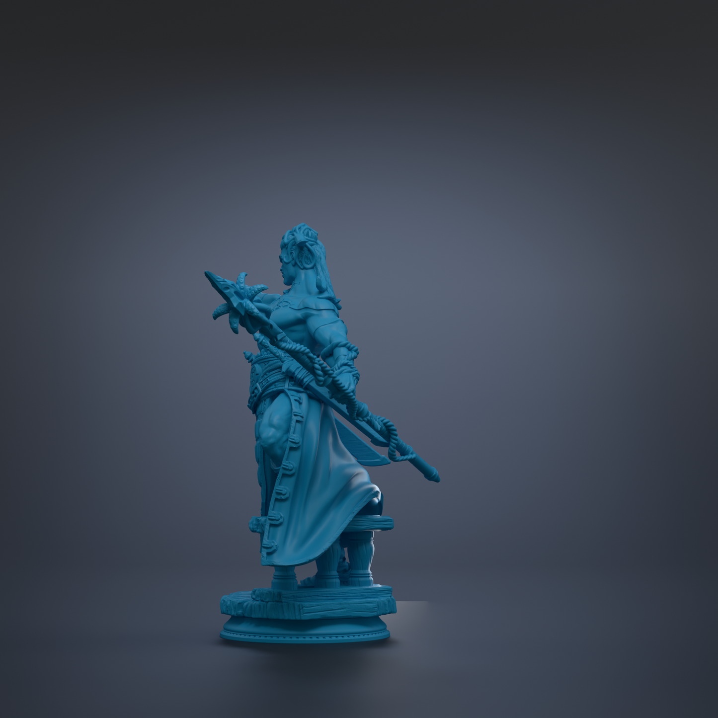 A blue statue of a warrior figure holding a sword and shield, standing on a pedestal against a dark background.
