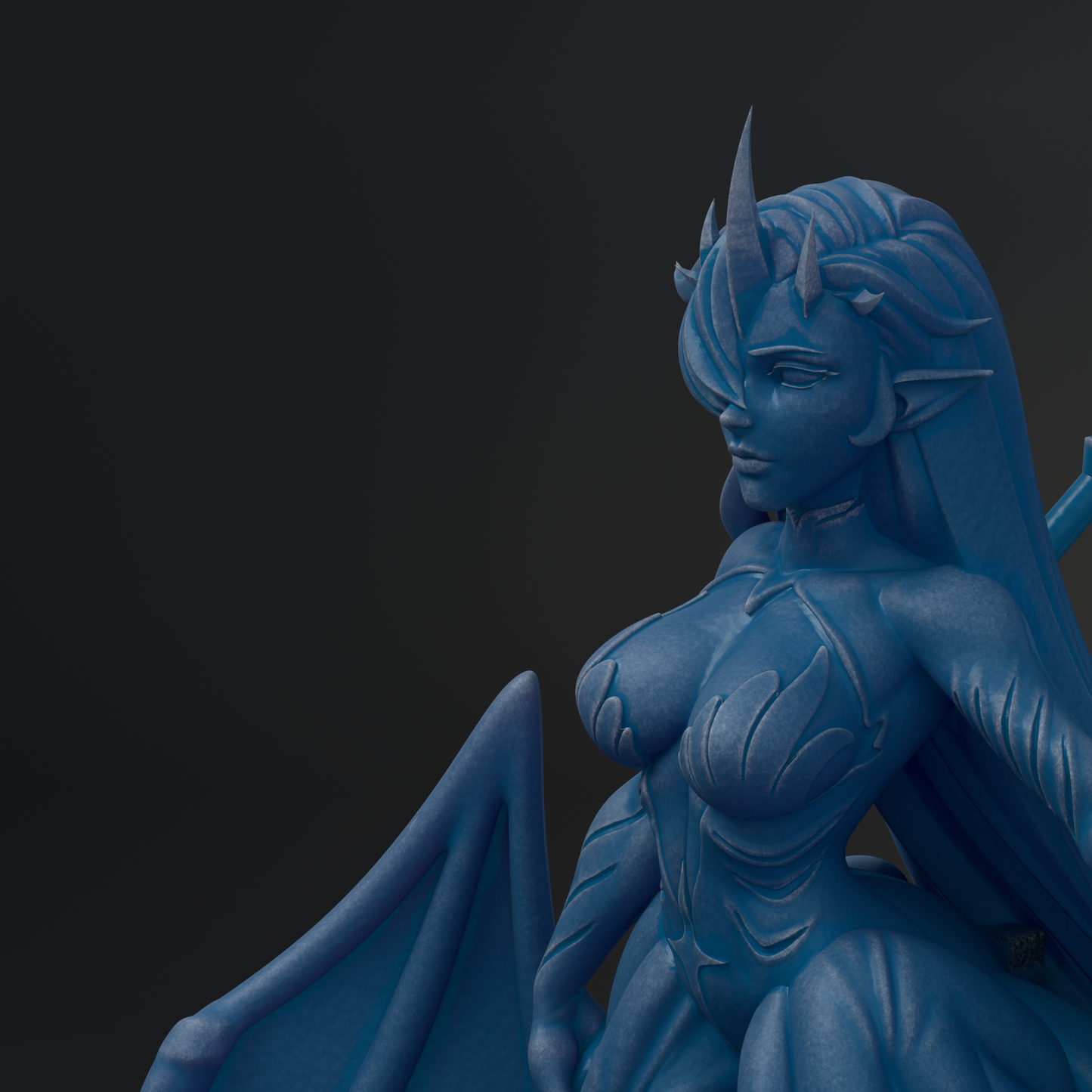 A blue, winged female figure with horns and a flowing, stylized hairstyle is depicted in the image.