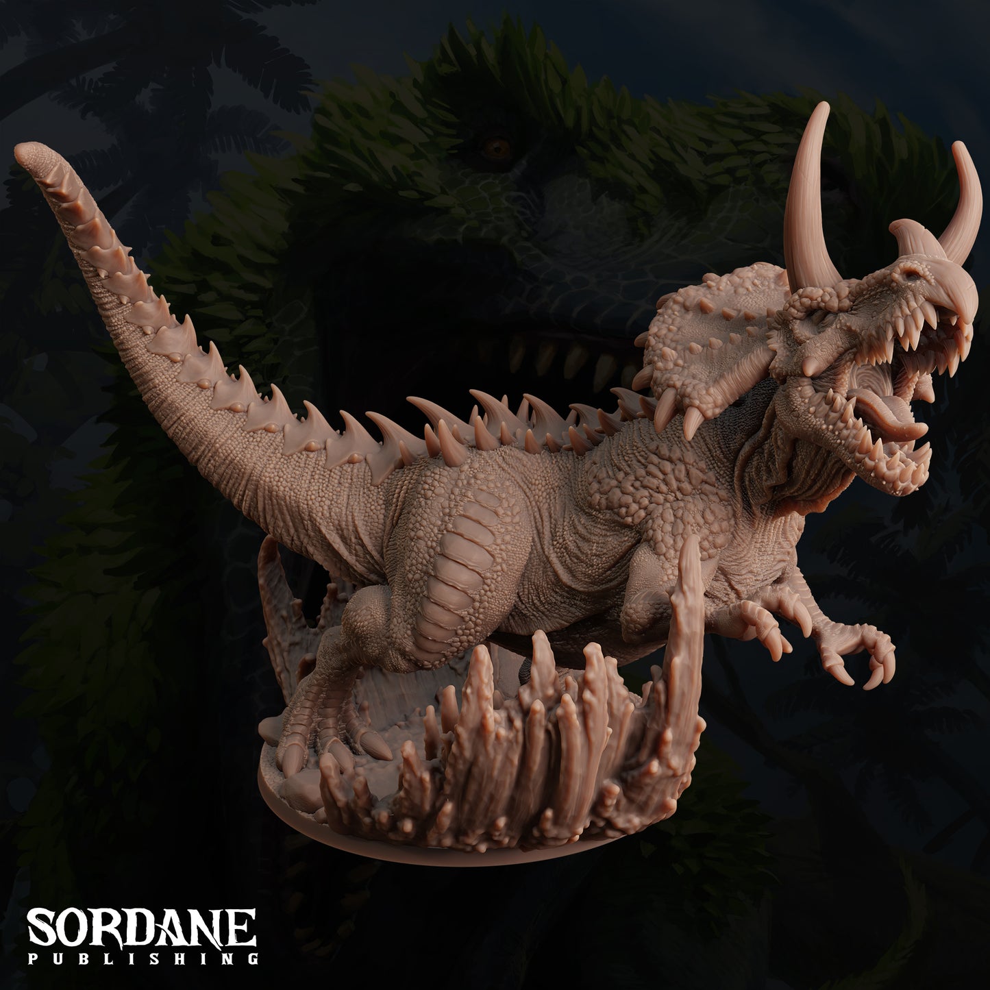 A detailed, realistic-looking model of a large, menacing-looking dinosaur with sharp teeth and claws, set against a dark, moody background.