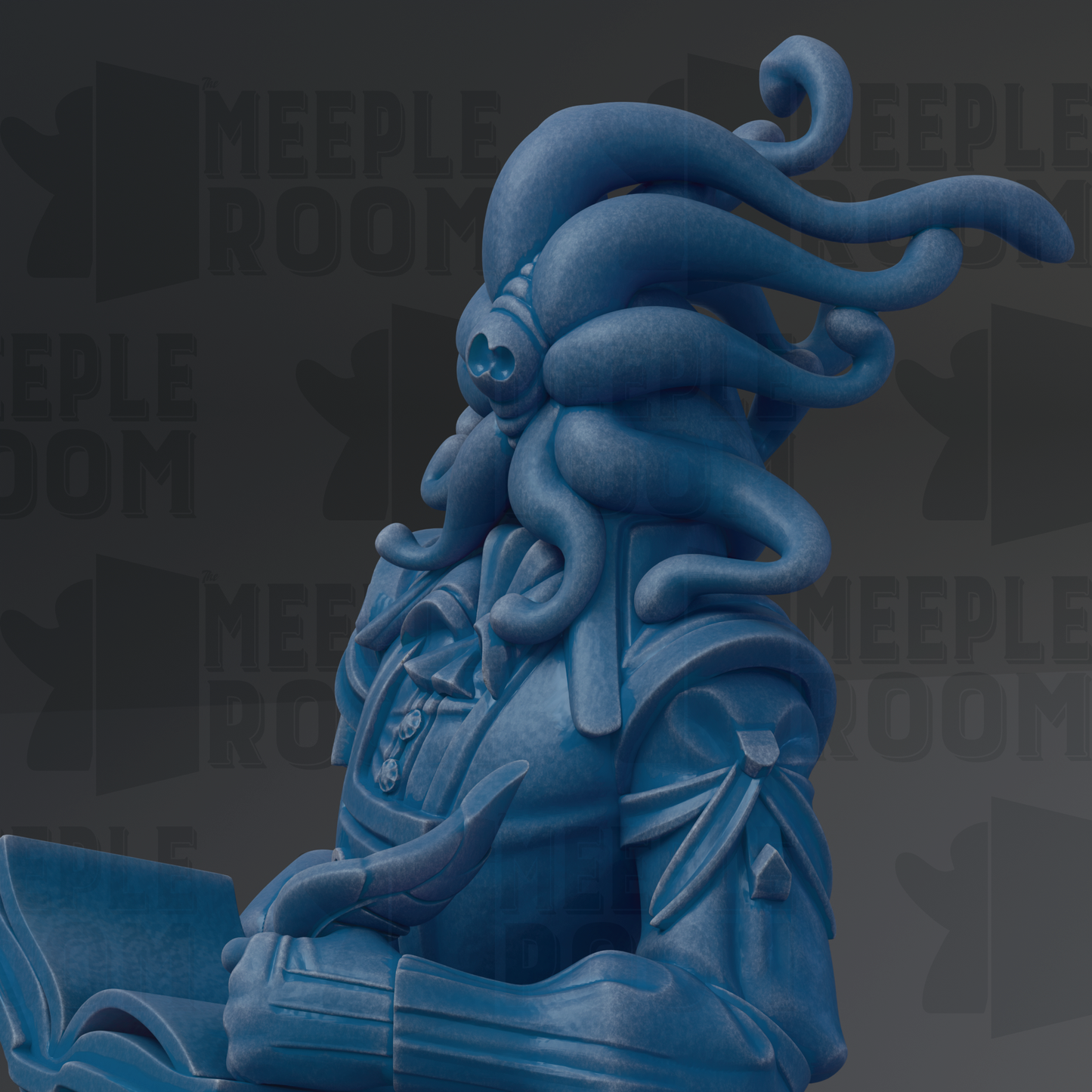 A blue, abstract sculpture with a large head and tentacles, sitting on a surface.
