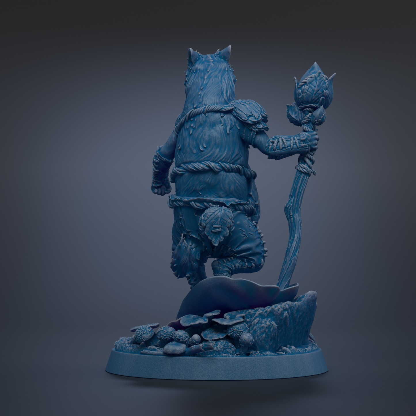 A blue, 3D-rendered statue of a wolf-like creature standing on a rock formation with mushrooms and other natural elements.