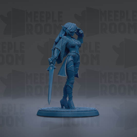 A blue figurine of a female character with a sword and a flowing cape, standing on a circular base against a dark background with repeated text.