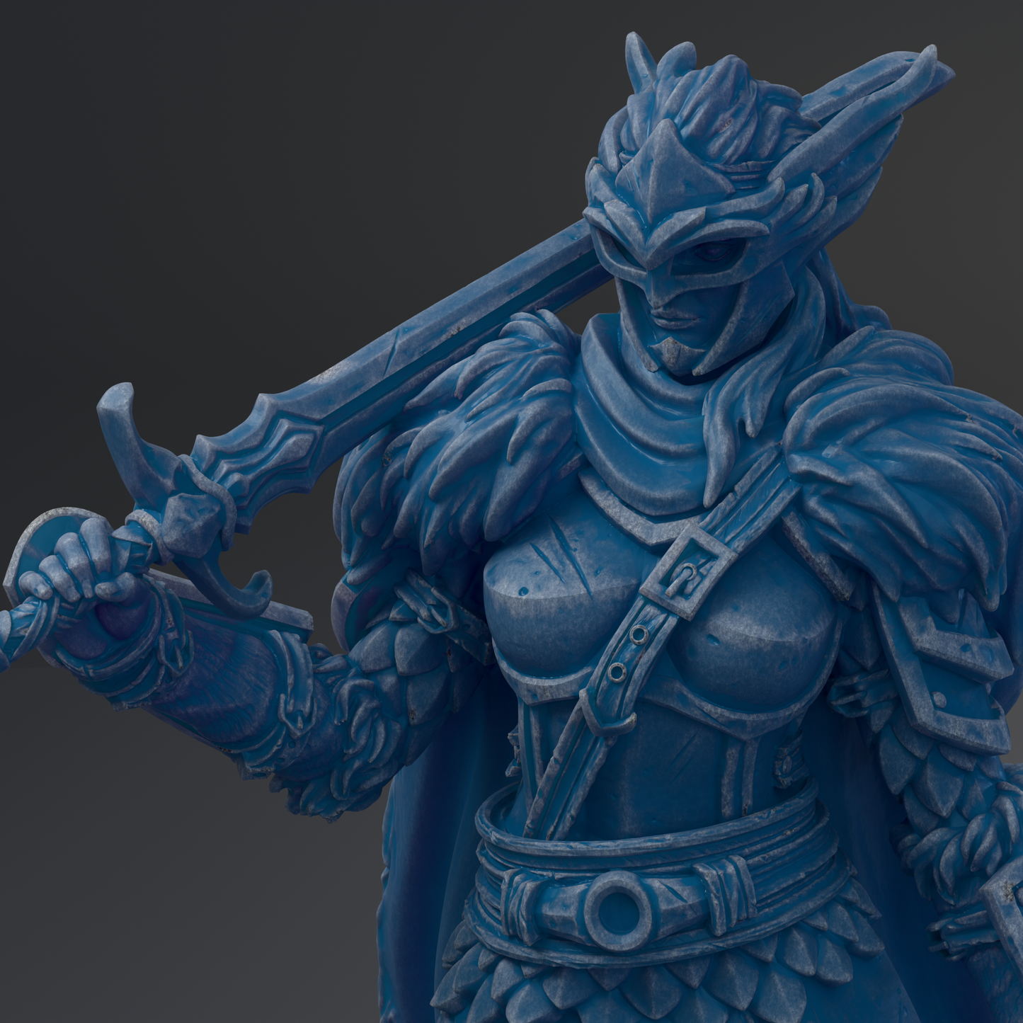 A detailed 3D rendering of a warrior figure in blue armor, holding a sword and standing in a fighting stance.