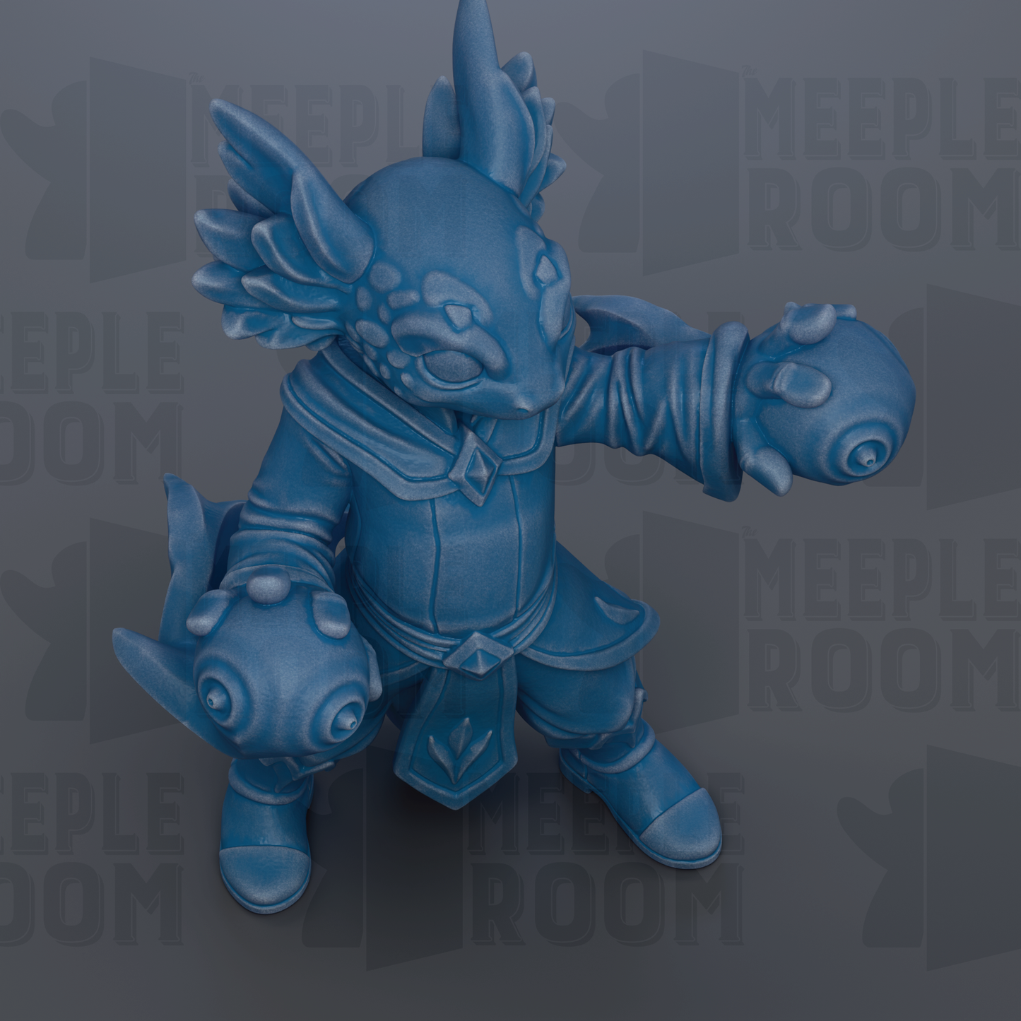 A blue, fantastical creature with horns and wings, holding a ball in its hand, is the central focus of the image.