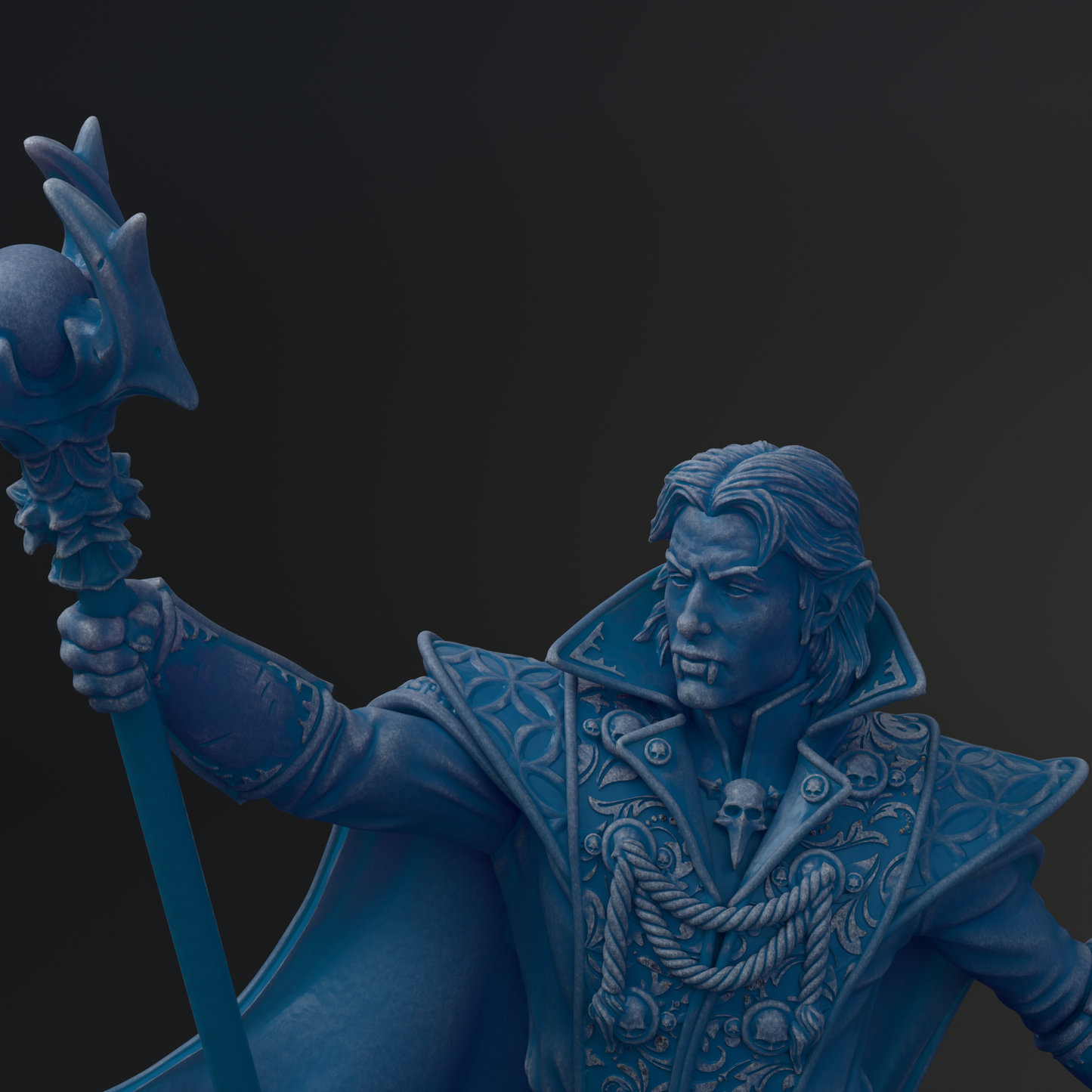 A detailed 3D rendering of a character with a blue-colored outfit and a pointed hat, holding a staff and appearing to be a figure of a person.