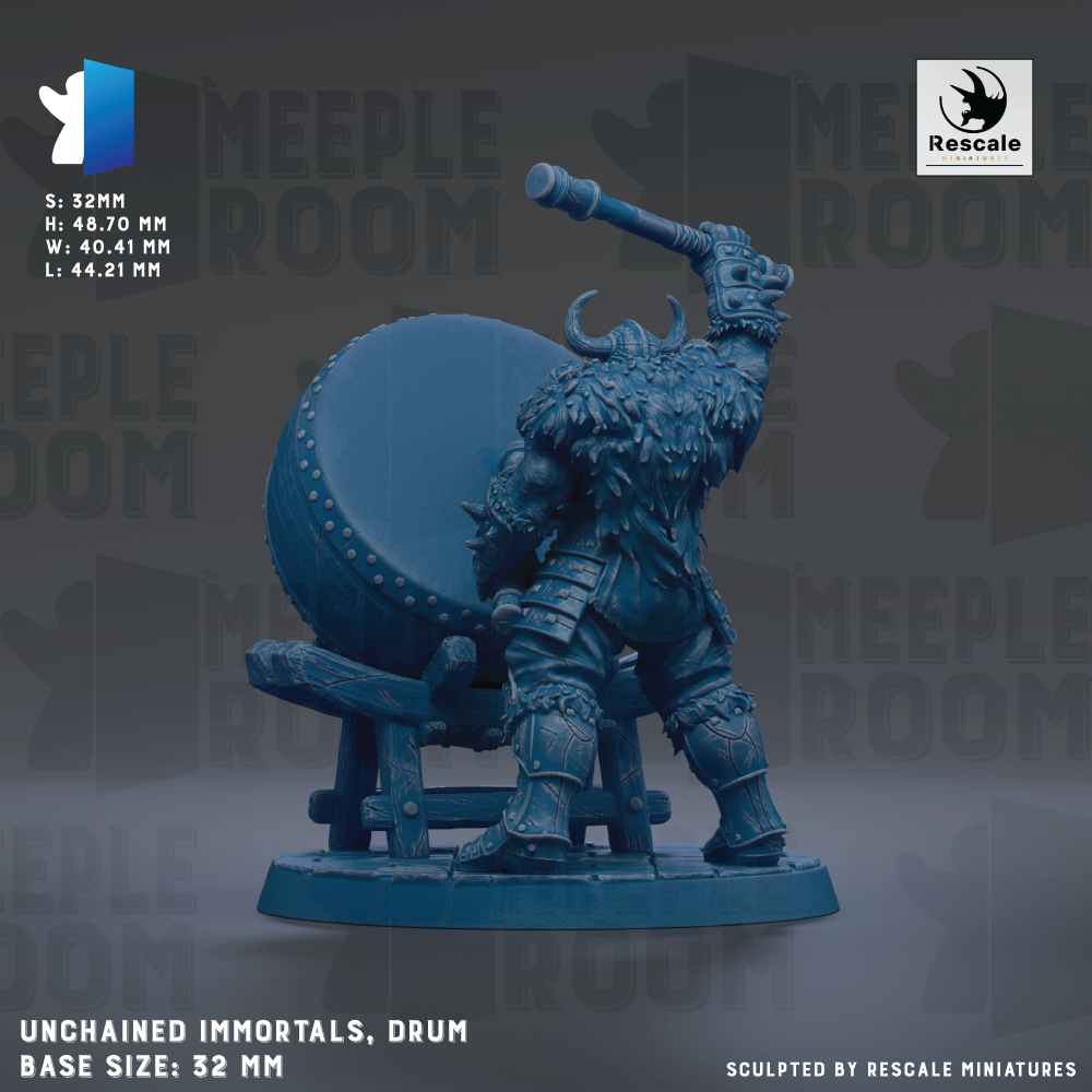a blue figurine of a drummer, specifically an Unchained Immortals, with a drumstick in hand. The figurine is standing on a base that measures 32mm in diameter. The image is a sculpture of a drummer, and it is part of the "MEUPLE ROOM" series.