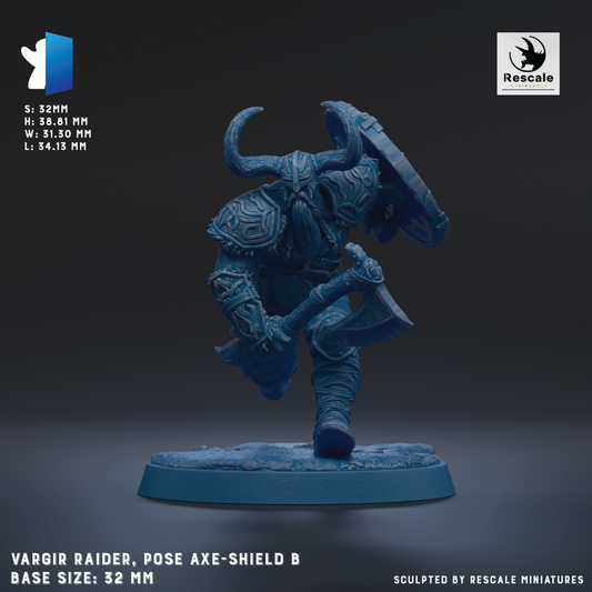A figurine of a Viking RAIDER, posing with an axe-shield, is shown against a dark background.