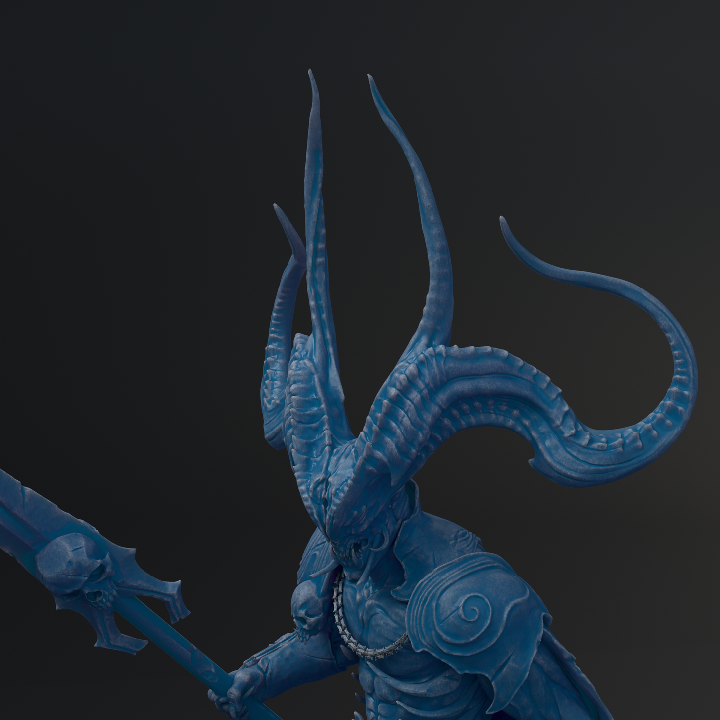 A blue, fantastical creature with large, curved horns and a detailed, intricate design on its body, holding a weapon.