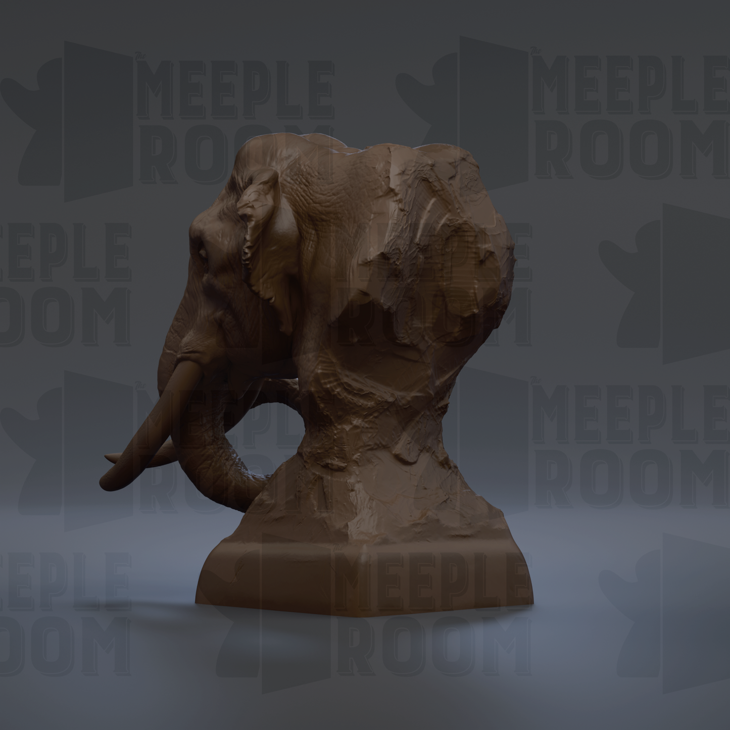 A 3D rendering of a carved elephant head sculpture, with the text "MEUPLE ROOM" repeated in the background.