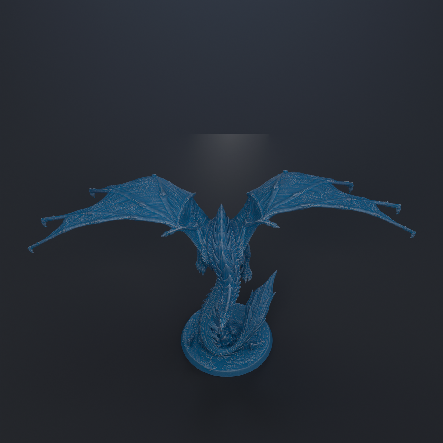A blue dragon figurine with outstretched wings is depicted against a dark background.