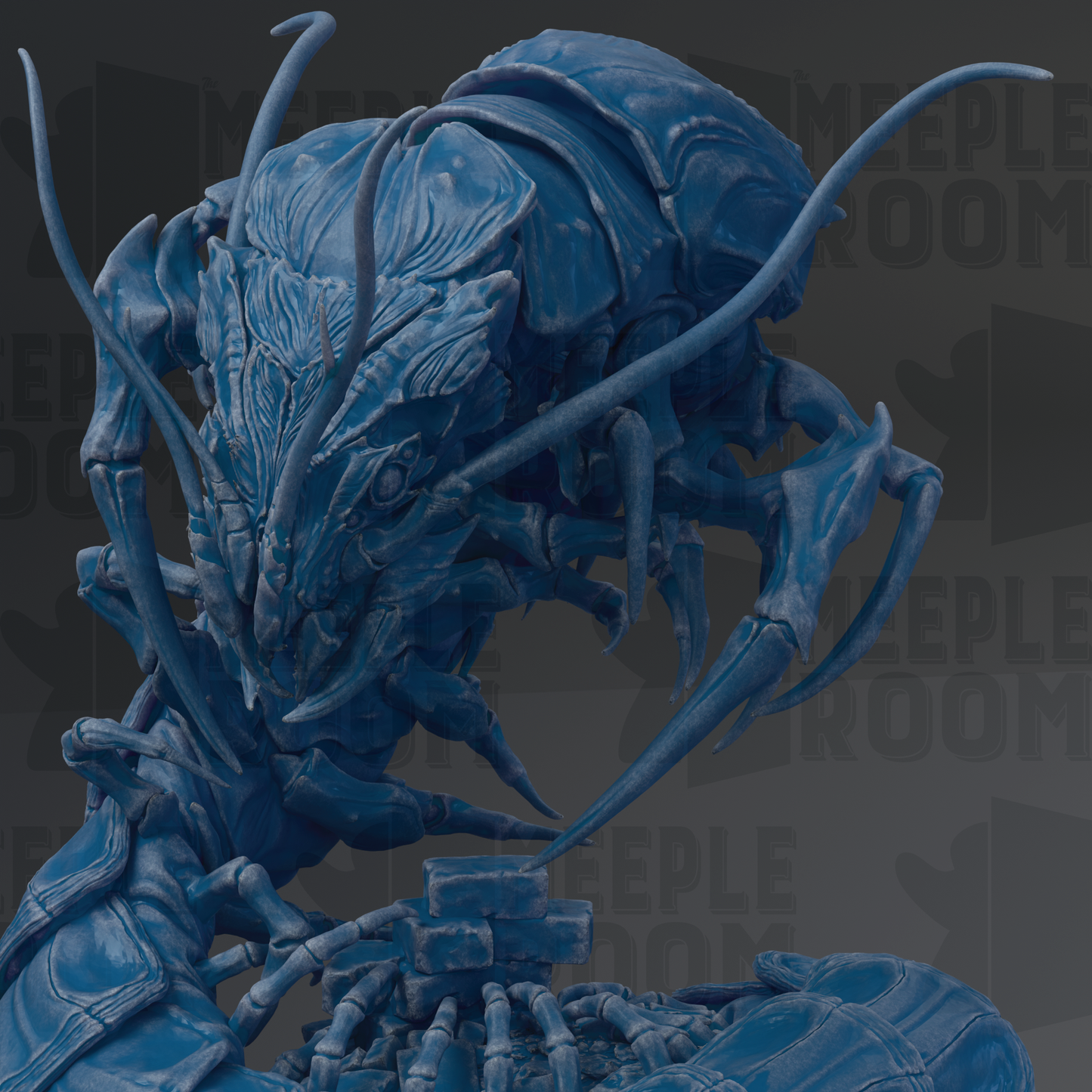 A detailed 3D rendering of a blue, metallic creature with intricate features and a complex body structure.