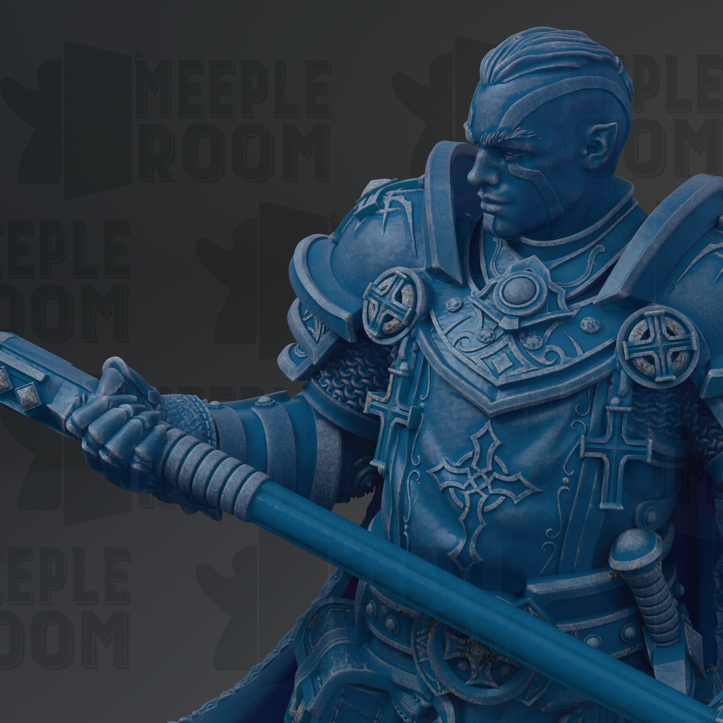 A detailed 3D rendering of a blue armored knight figure, holding a sword and shield, with intricate designs and patterns on the armor.