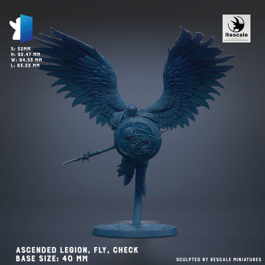 a blue winged figure with a shield, standing on a base. The figure is described as an "ascended Legion, fly, check" and is shown in various sizes, including 40 mm, suggesting it is a miniature. The image is described as a "sculpted by Rescue miniatures" and is part of a collection of miniatures.