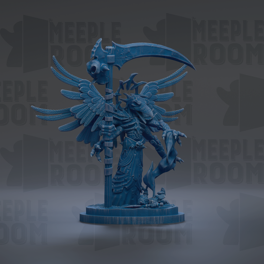 A blue, winged statue of a deity or mythical creature with a large staff and a scythe, standing on a pedestal.