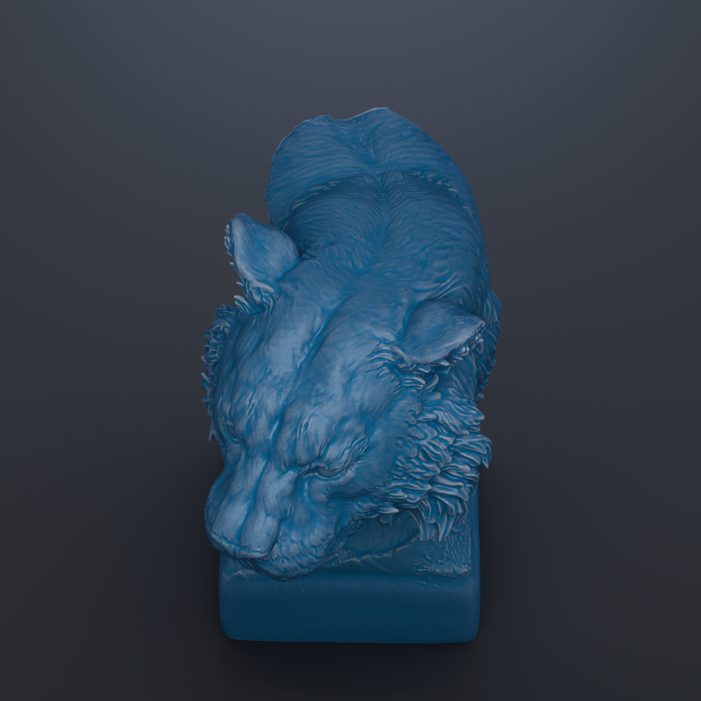 A blue, 3D-rendered sculpture of a bear's head is shown against a dark background.