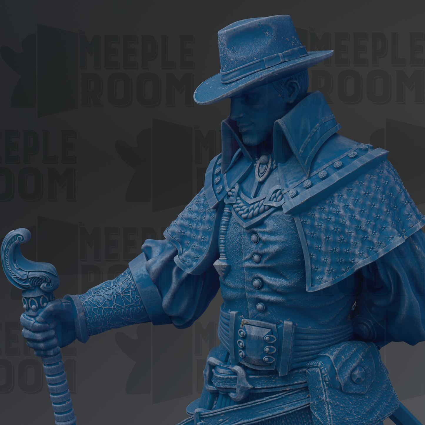 A blue statue of a man wearing a hat and holding a staff, with the text "MEUPLE ROOM" visible in the background.