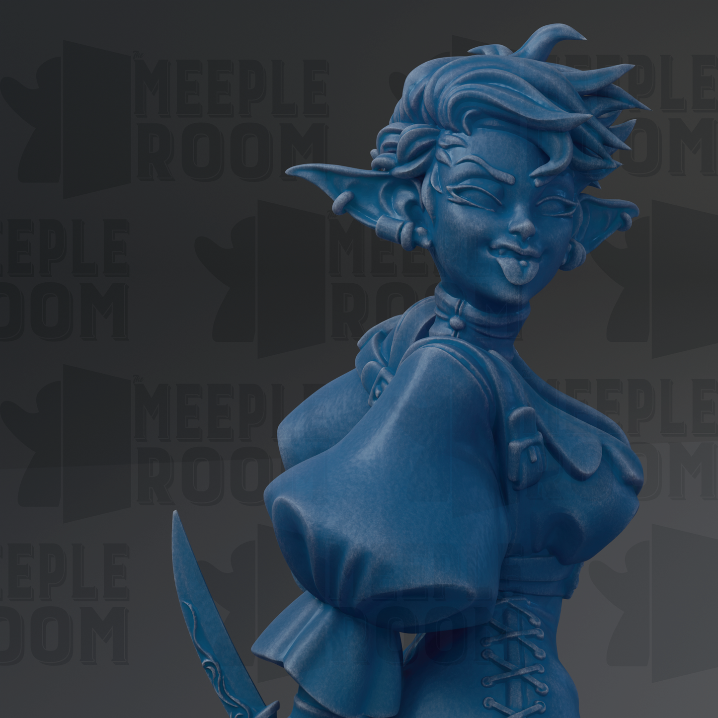 A blue statue of a woman with a pensive expression, holding a sword, and wearing a flowing dress.