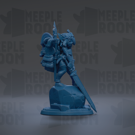 A blue figurine of a warrior standing on a rock, holding a sword and shield, against a dark background with repeated text.