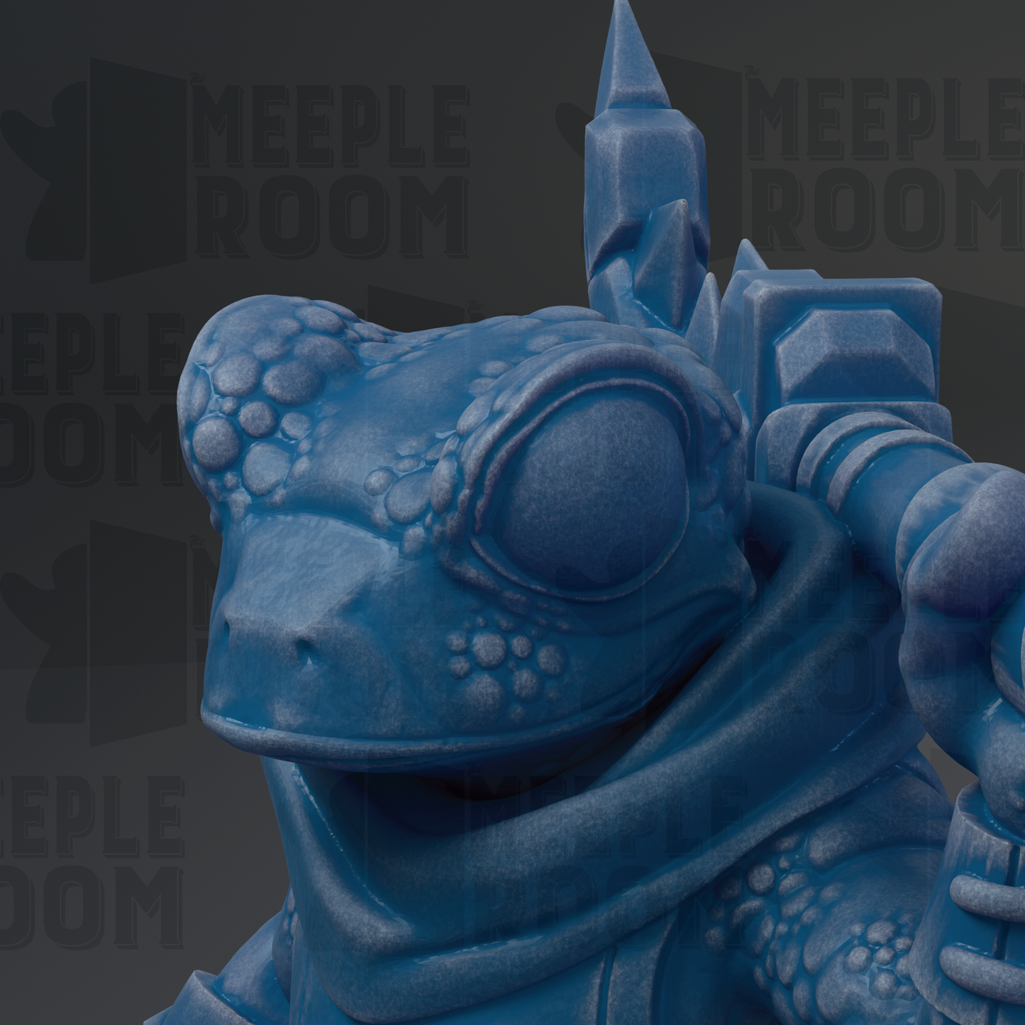 A close-up of a blue, textured frog-like creature with a pointed head and a large eye, set against a dark background with repeated text.