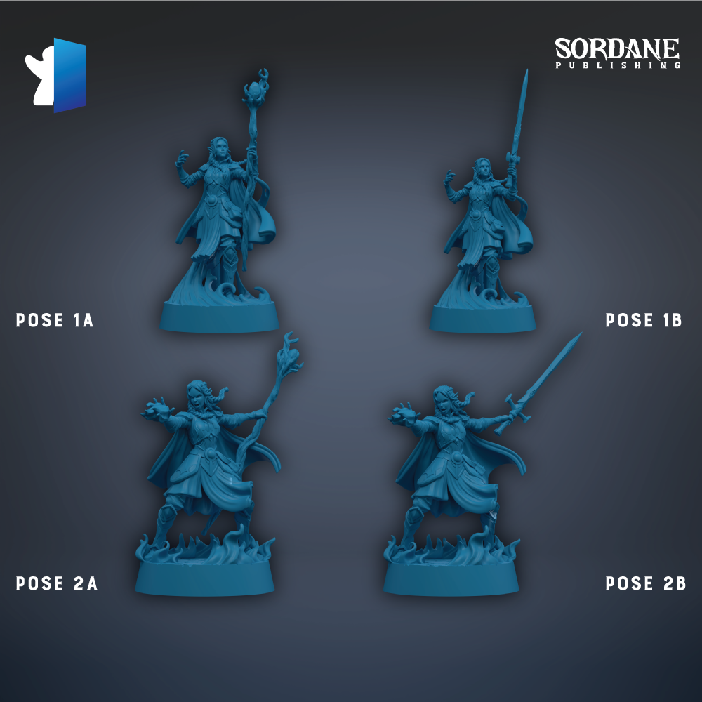four figurines of female characters, each with a unique pose and weapon, arranged in a grid-like pattern against a dark background.