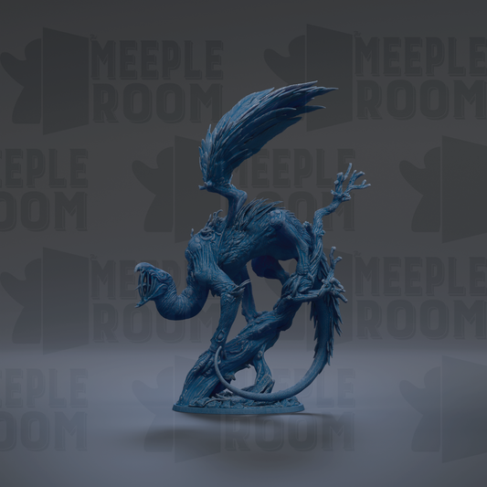 A blue dragon statue with wings and a tail, standing on a gray surface against a dark background with repeated text.