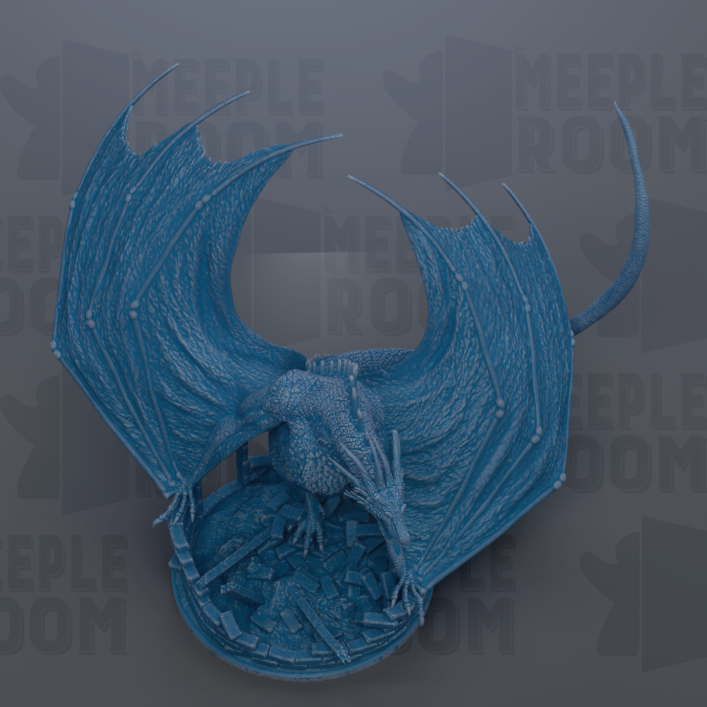 A detailed 3D rendering of a blue dragon-like creature with large wings and sharp teeth, set against a dark background with repeated text.