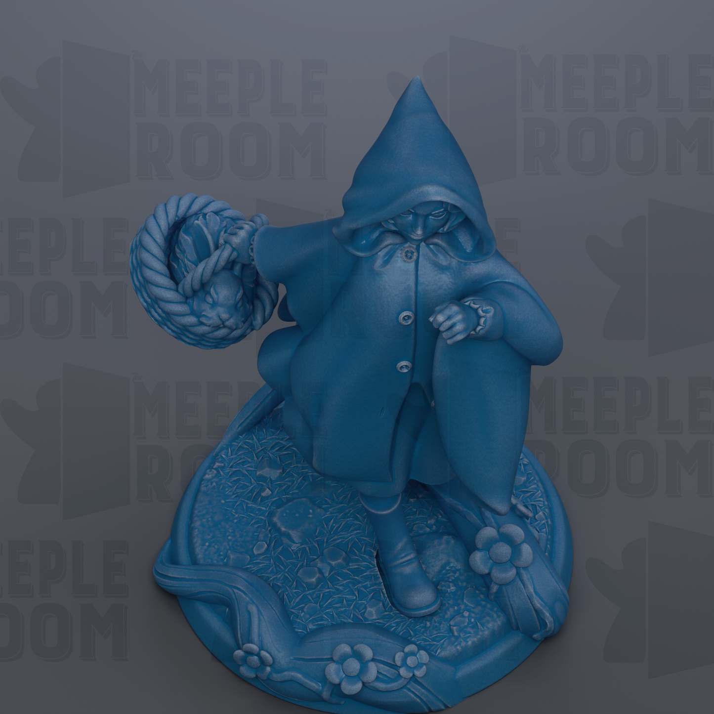 A blue figurine of a person wearing a hooded cloak and holding a basket, standing on a decorative base with flowers.