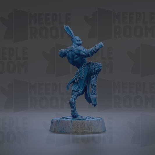 A blue figurine of a muscular, battle-ready rabbit-like creature is depicted in a dynamic fighting stance, with its arms raised and legs spread, against a dark background with repeated text.