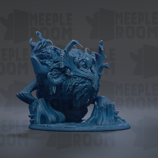 A blue, fantastical creature resembling a dragon or serpent, with intricate details and flowing, organic shapes, is the central focus of the image.