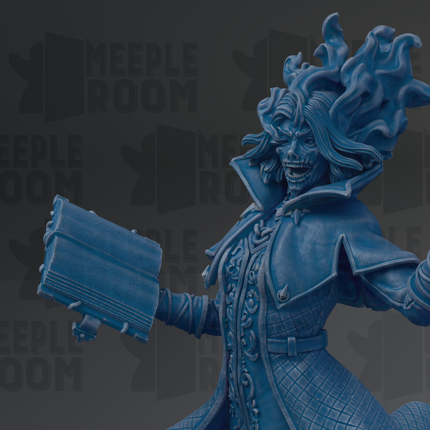A close-up of a blue, sculpted figure holding a book, with a dark background that includes the text "MEUPLE ROOM" repeated multiple times.