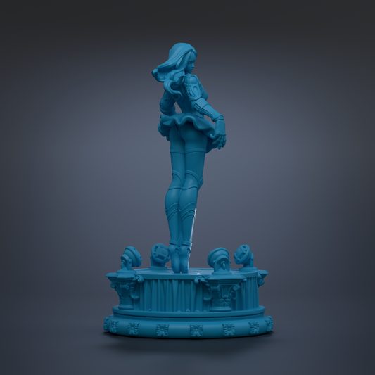 A 3D rendering of a female figure in a dynamic pose, standing on a pedestal with various other elements.