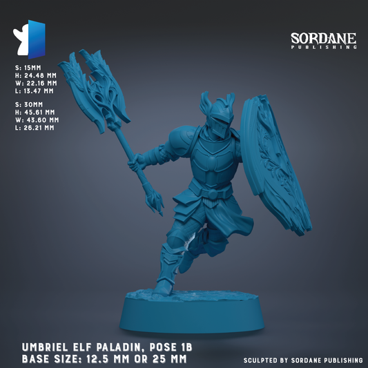 The image is a 3D rendering of an Umbriel Elf paladin, a fantasy character from the video game series of the same name. The paladin is depicted in a dynamic pose, holding a large shield and a sword. The image is in a blue color scheme, and the base size of the paladin is either 12.5 mm or 25 mm. The image is published by Sordane Publishing.