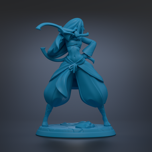 A blue 3D model of a female character with long hair, wearing a flowing robe and wielding a weapon, standing on a base.