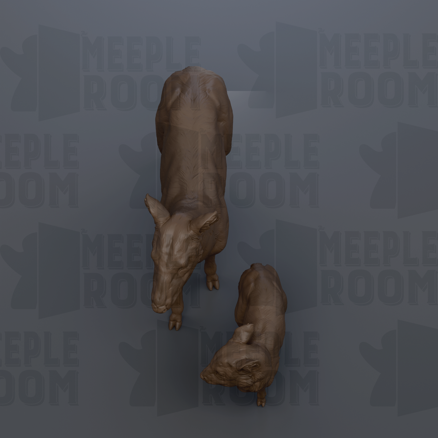 two brown sculptures of animals, one larger and one smaller, set against a gray background with repeated text.