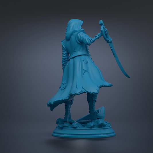 A blue statue of a person holding a sword and standing on a pedestal.
