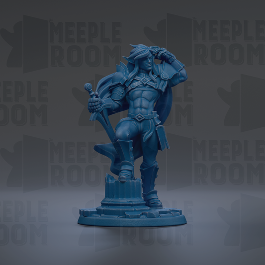 A blue figurine of a muscular man with long hair, holding a sword and standing on a pedestal.