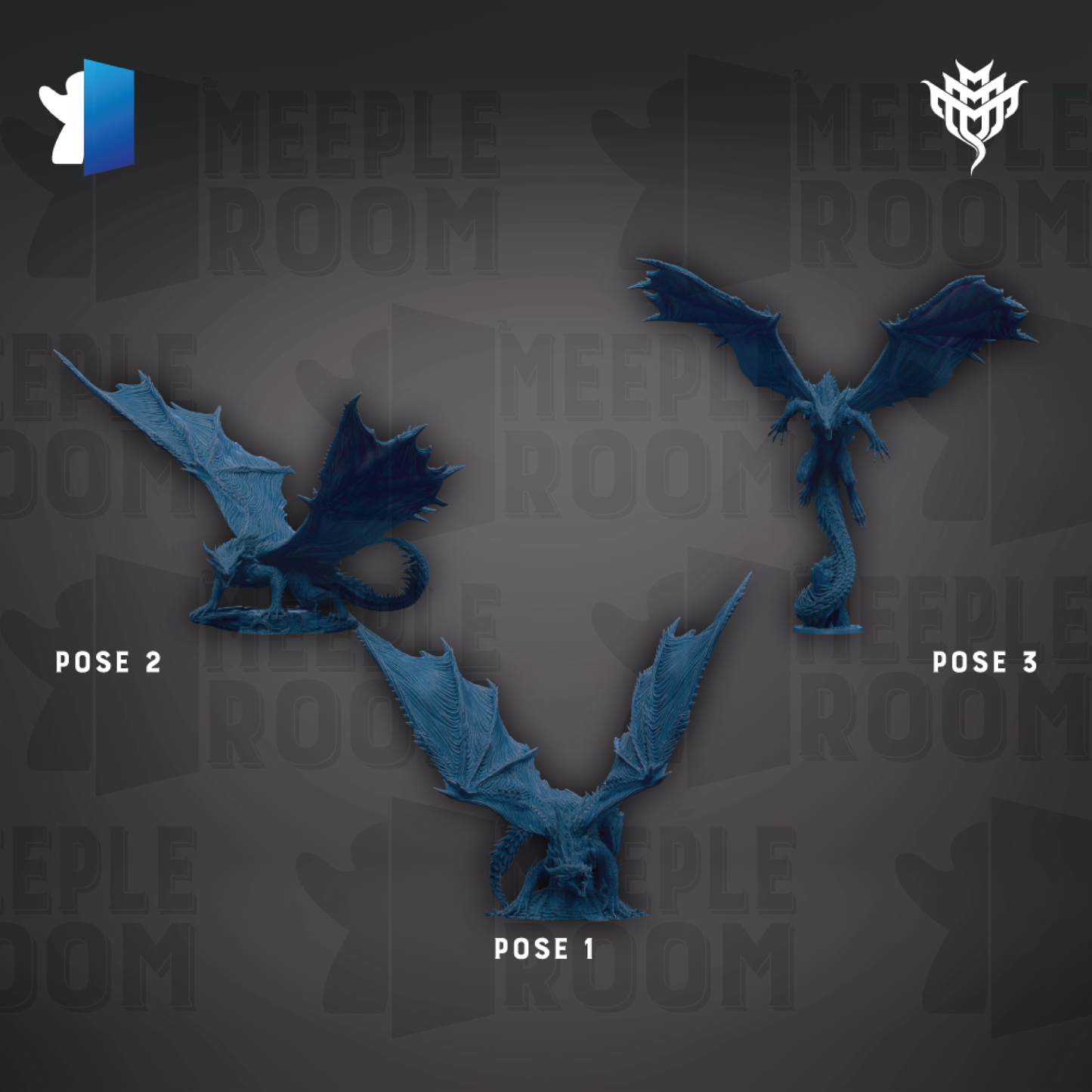 three blue dragon statues, each in a different pose, against a dark background with the text "MEIPLE ROOM" repeated multiple times.