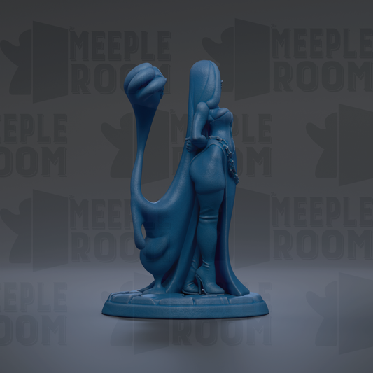 A blue figurine of a woman with long hair and a flowing dress stands on a base against a dark background with repeated text.