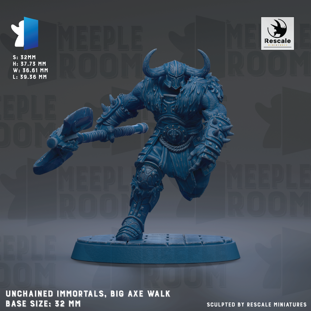 a blue armored warrior wielding a large axe, with the text "Unchained Immortals, Big Axe Walk" and "Base Size: 32mm" visible.