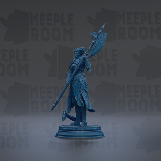 A blue statue of a warrior figure holding a spear and shield, standing on a pedestal against a dark background with repeated text.