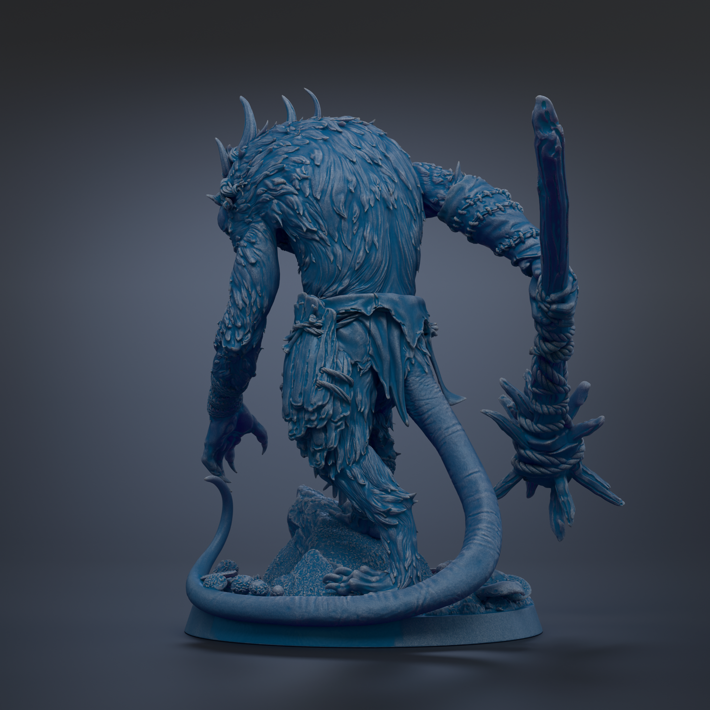 A detailed 3D rendering of a fantastical creature with a long, curved tail and sharp claws, standing on a rock formation and holding a weapon.