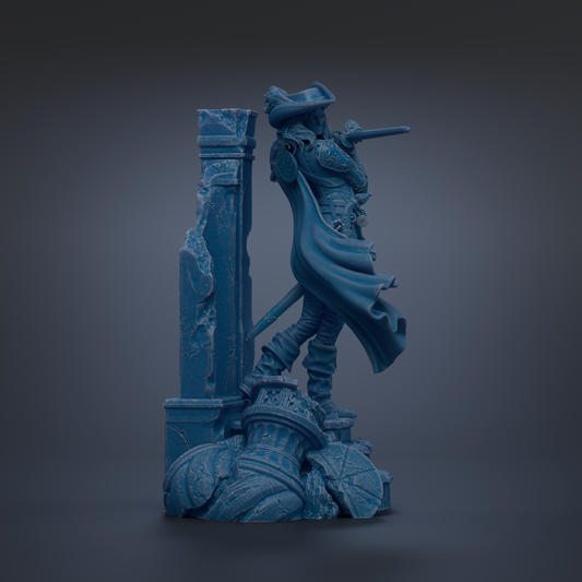 A blue statue of a pirate standing on a pile of rubble, holding a sword and shield.