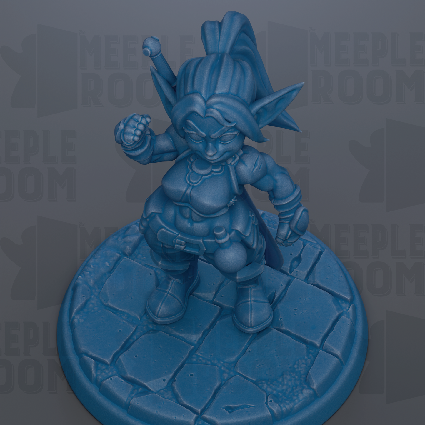 A blue figurine of a character with a pointed hat and sword stands on a blue base against a gray background.