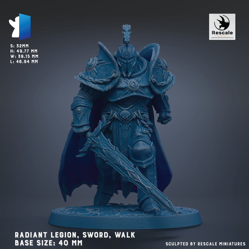 a detailed statue of a warrior figure, wearing a blue armor and wielding a sword. The statue is shown in a dynamic pose, with the warrior's sword held high and the armor gleaming in the light. The base size of the statue is 40 mm, and it is described as a "Radiant Legion, Sword, Walk" base size. The statue is sculpted by Rescue miniatures, as indicated by the text at the bottom of the image.