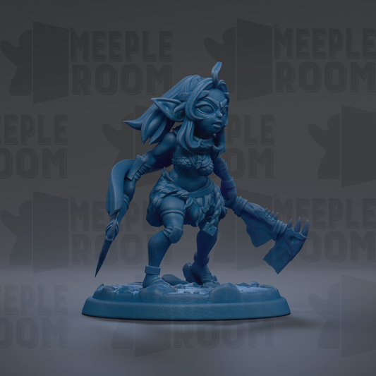A blue figurine of a female character with a sword and shield, standing on a base.