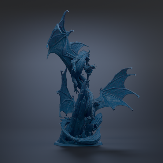 A 3D rendering of a blue dragon statue with wings spread wide, standing on a rock formation.