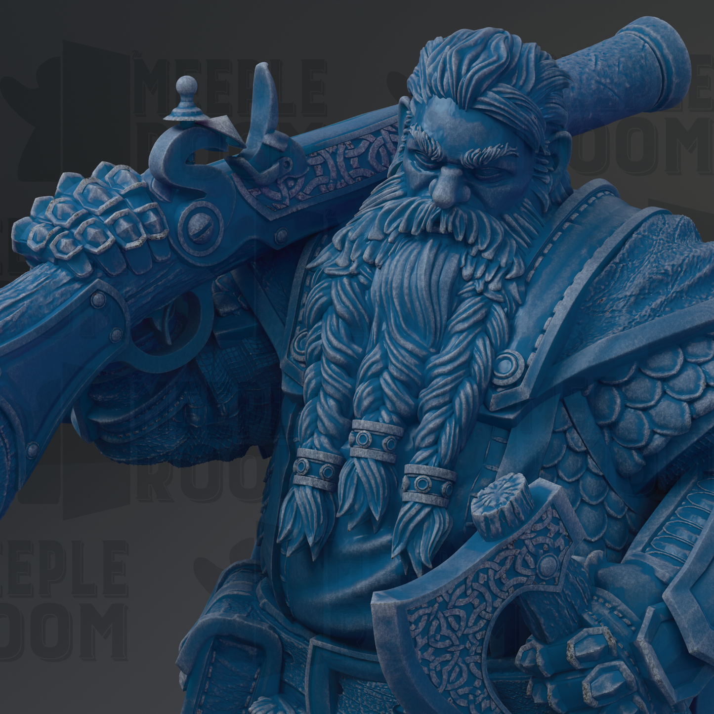 A detailed 3D rendering of a blue-colored fantasy character, possibly a dwarf or gnome, holding a large weapon and wearing ornate armor.