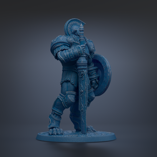 A blue armored warrior figure holding a shield and sword stands in a dark environment.