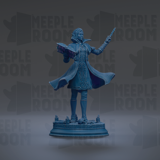 A blue statue of a person holding a book and a staff, standing on a pedestal.