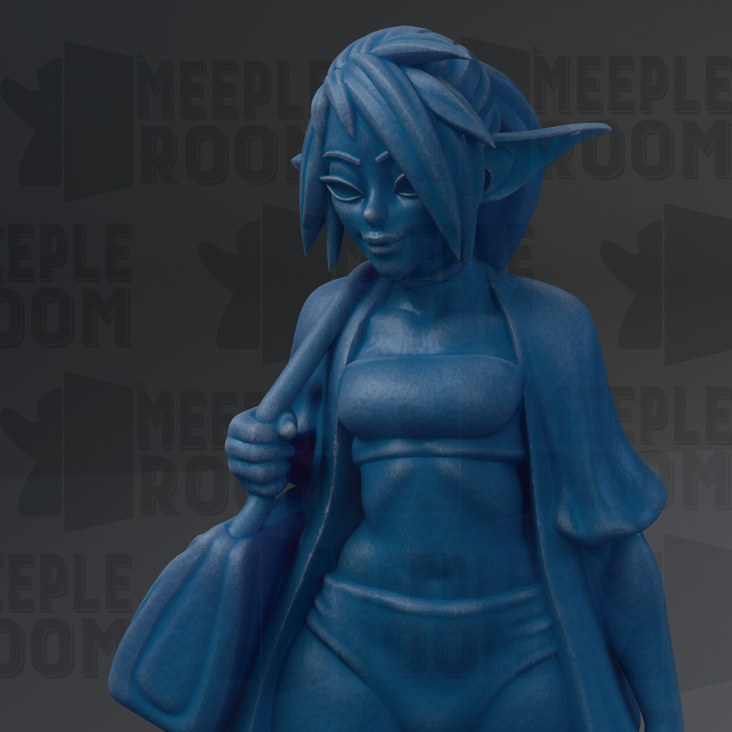 A blue statue of a woman with a pensive expression, holding a bag and standing against a dark background with repeated text.